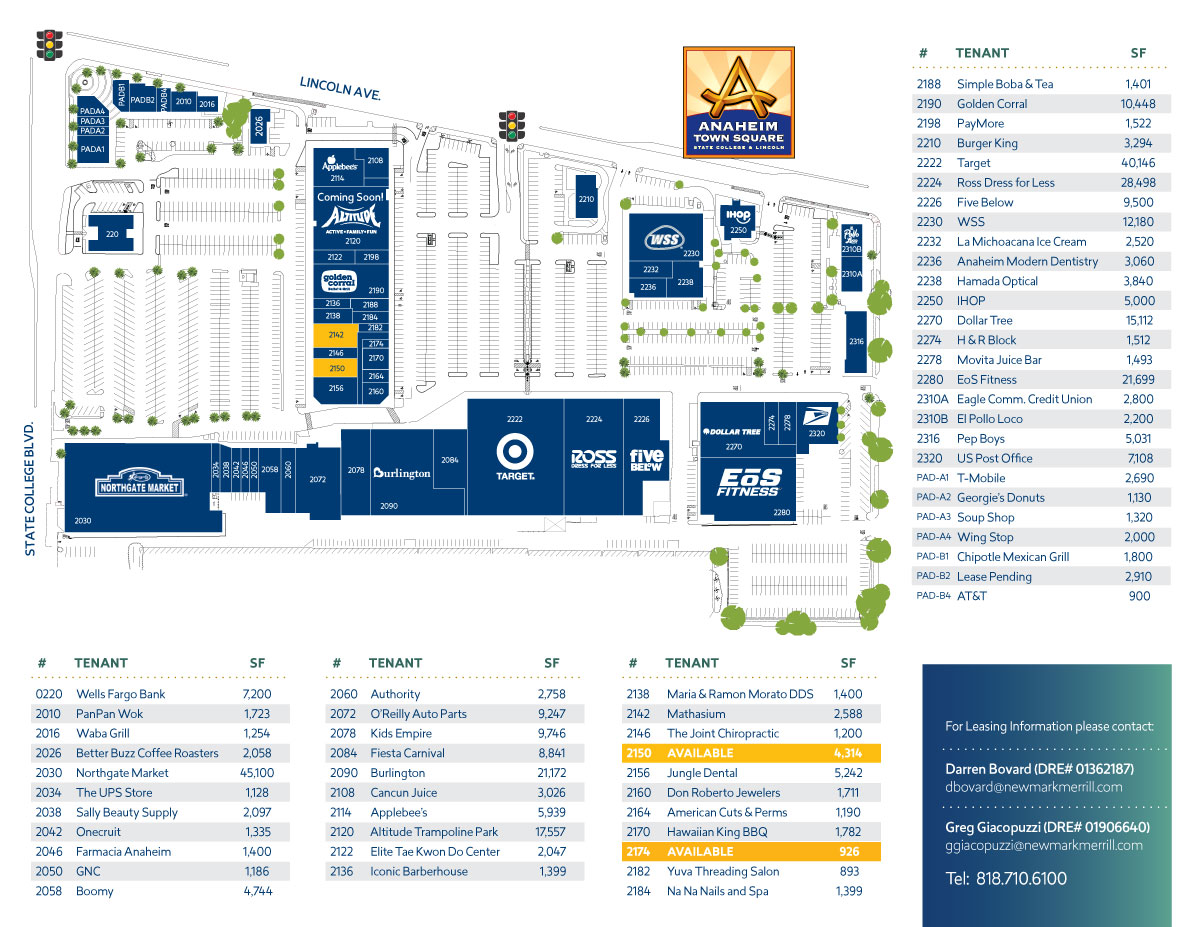 Anaheim Town Square site plan showing location of all tenants