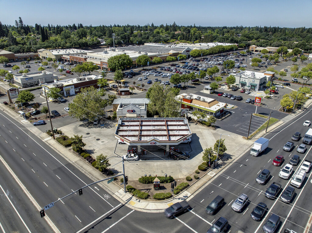 Corner view of Madison Marketplace from aerial drone