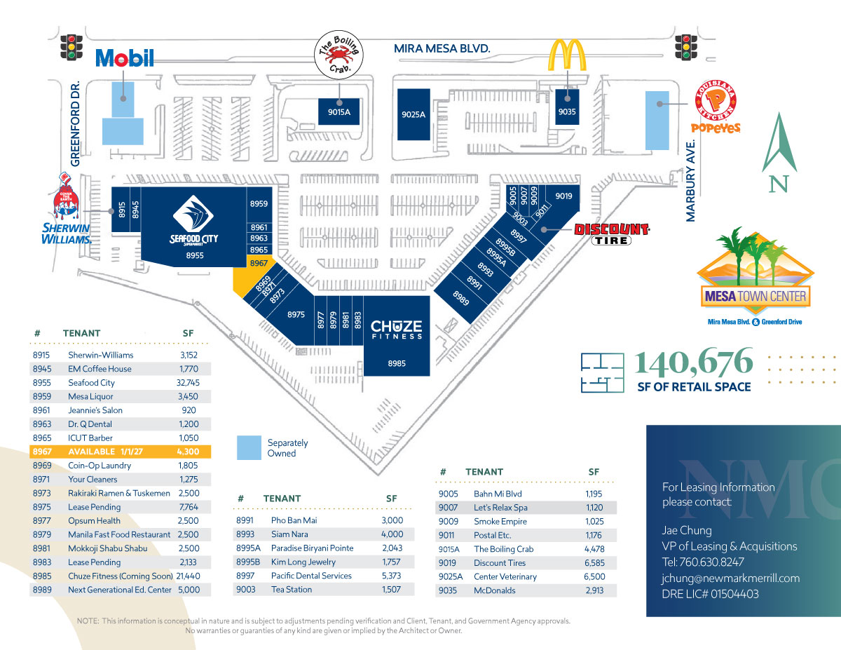 Mesa Town Center site plan showing the location of all tenants in the center.