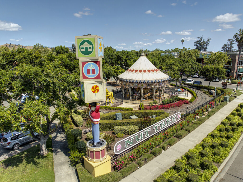 Merry Go Round and Train with Toy Block sign and sign of Nut Tree Center